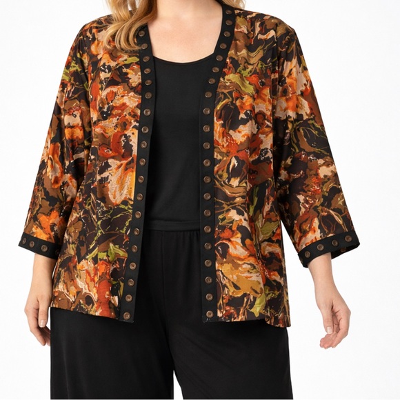 Vintage Sweaters - VINTAGE T RENZ Silk Embellished Earthy Shrug Boxy Layer Art To Wear Office Sz 1X
